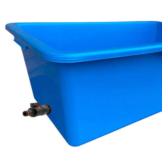 Blue rectangular dog bath with black/orange drain valve at the lower side.