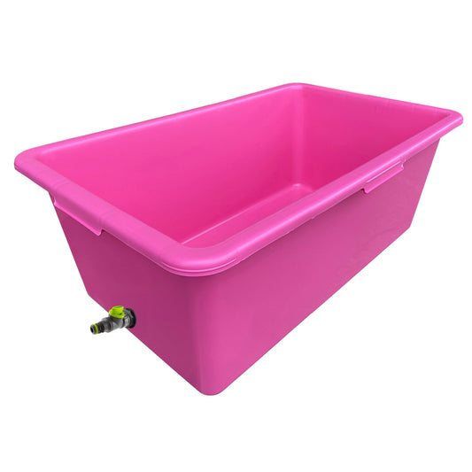 Pink rectangular dog bath with grey/lime drain valve at the lower side.