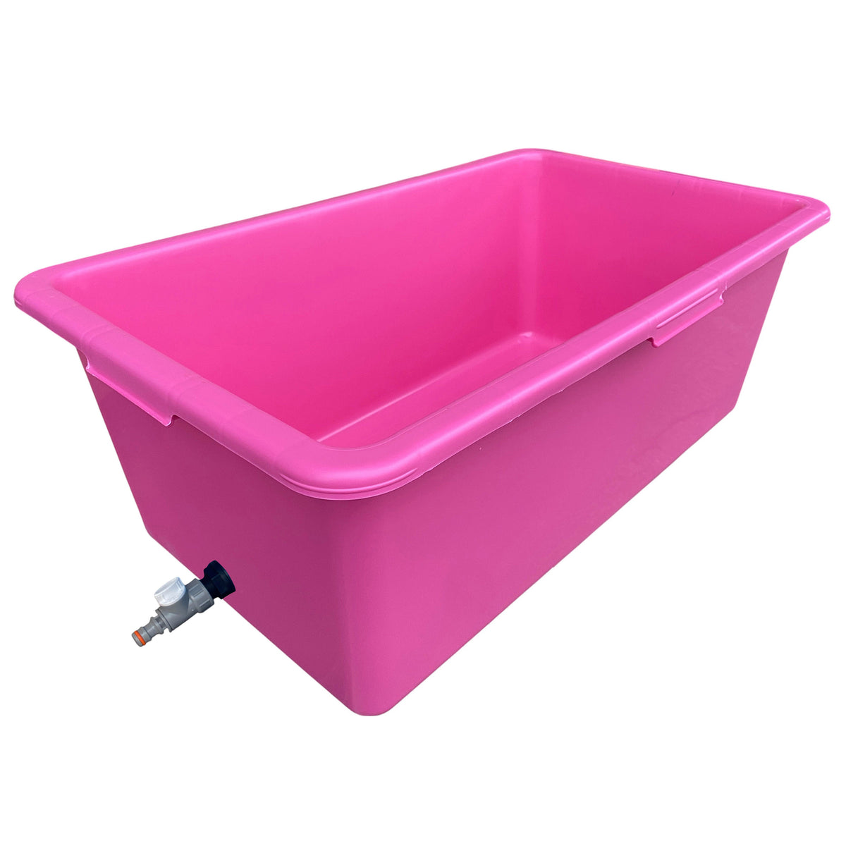 Pink rectangular dog bath with grey/white drain valve at the lower side.
