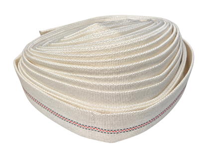 White lined layflat hose in a compact coil; selected diameter and length supplied.