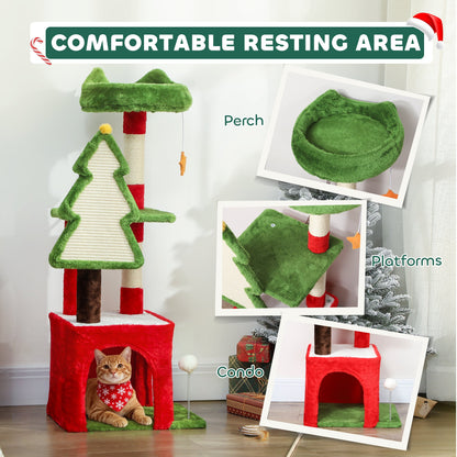 PawHut Christmas Cat Tree, 120cm Tower with Scratching Post & Board