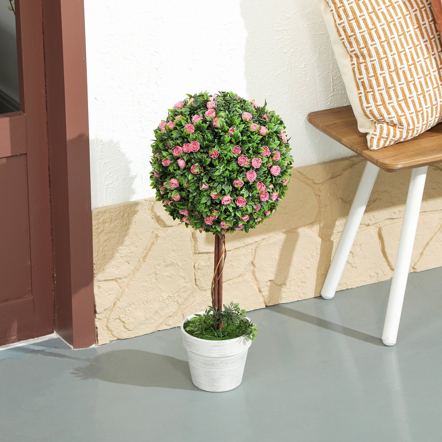 Set of 2 Artificial Plants Ball Topiary Tree with Rose Flower in Pot, 60cm, Pink