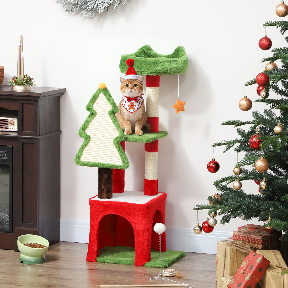 PawHut Christmas Cat Tree, 120cm Tower with Scratching Post & Board
