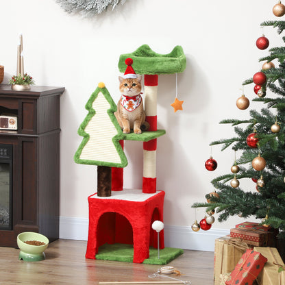PawHut Christmas Cat Tree, 120cm Tower with Scratching Post & Board