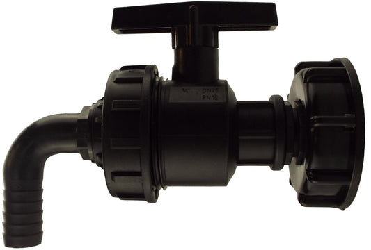 IBC S60X6 Cap & Large Valve – 16mm Barb Elbow; supplied fittings shown.