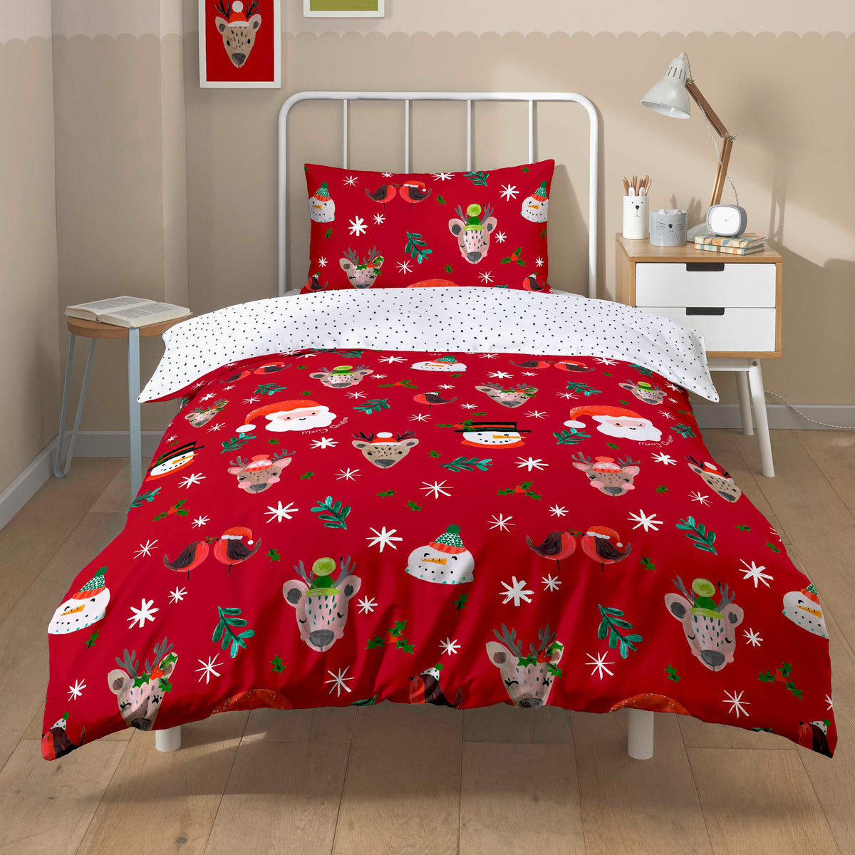 Santa Duvet Cover Set With Pillowcases Reversible Xmas Snow-White Design