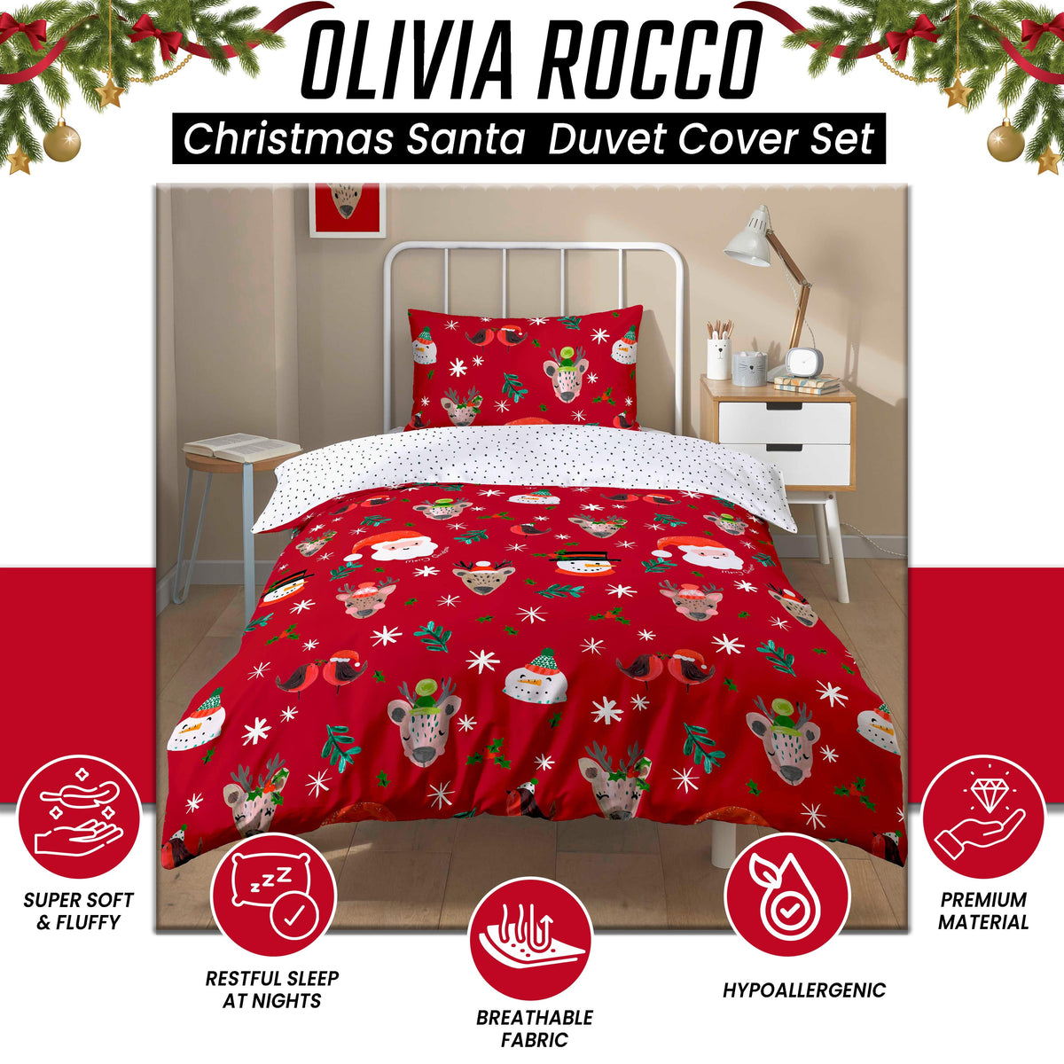 Santa Duvet Cover Set With Pillowcases Reversible Xmas Snow-White Design