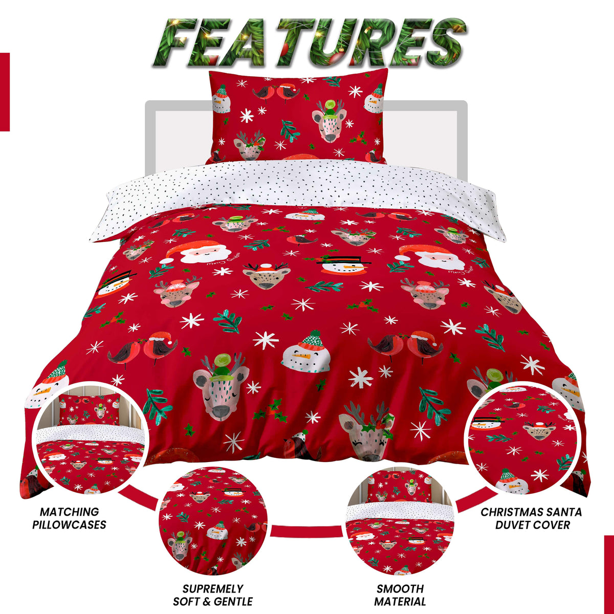 Santa Duvet Cover Set With Pillowcases Reversible Xmas Snow-White Design