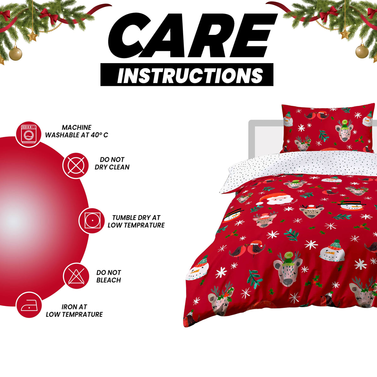 Santa Duvet Cover Set With Pillowcases Reversible Xmas Snow-White Design