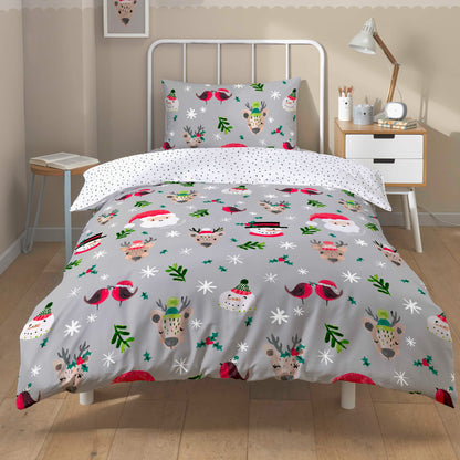 Santa Duvet Cover Set With Pillowcases Reversible Xmas Snow-White Design