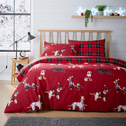 Reversible Christmas Dogs Pattern Duvet Cover Set Cotton Rich