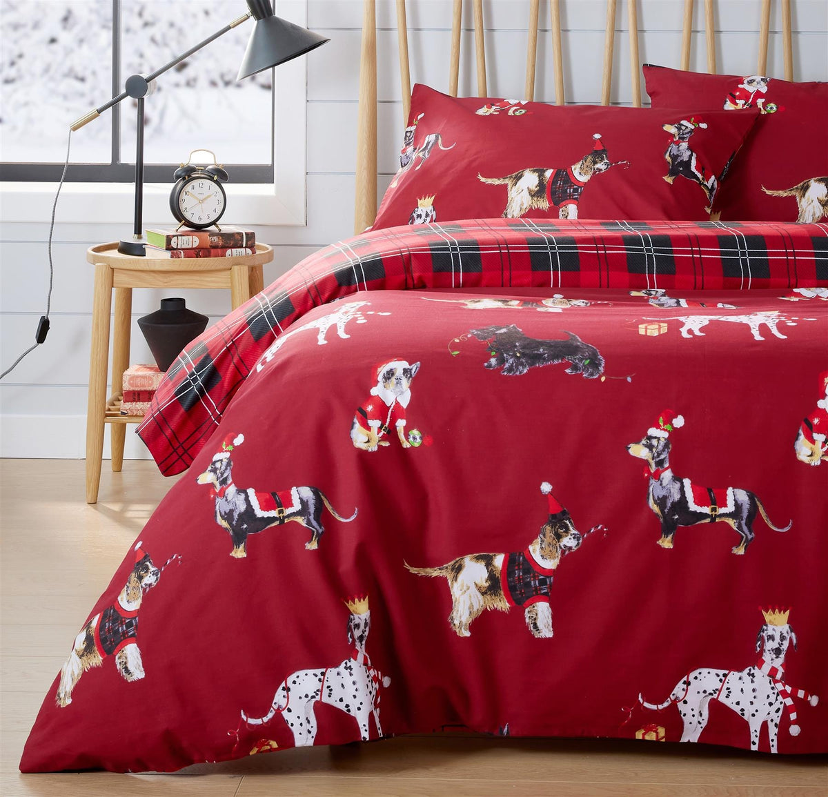 Reversible Christmas Dogs Pattern Duvet Cover Set Cotton Rich