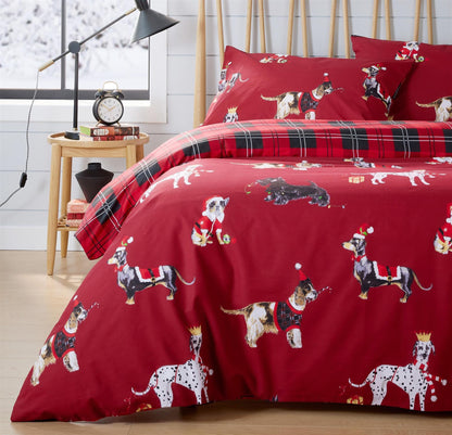 Reversible Christmas Dogs Pattern Duvet Cover Set Cotton Rich