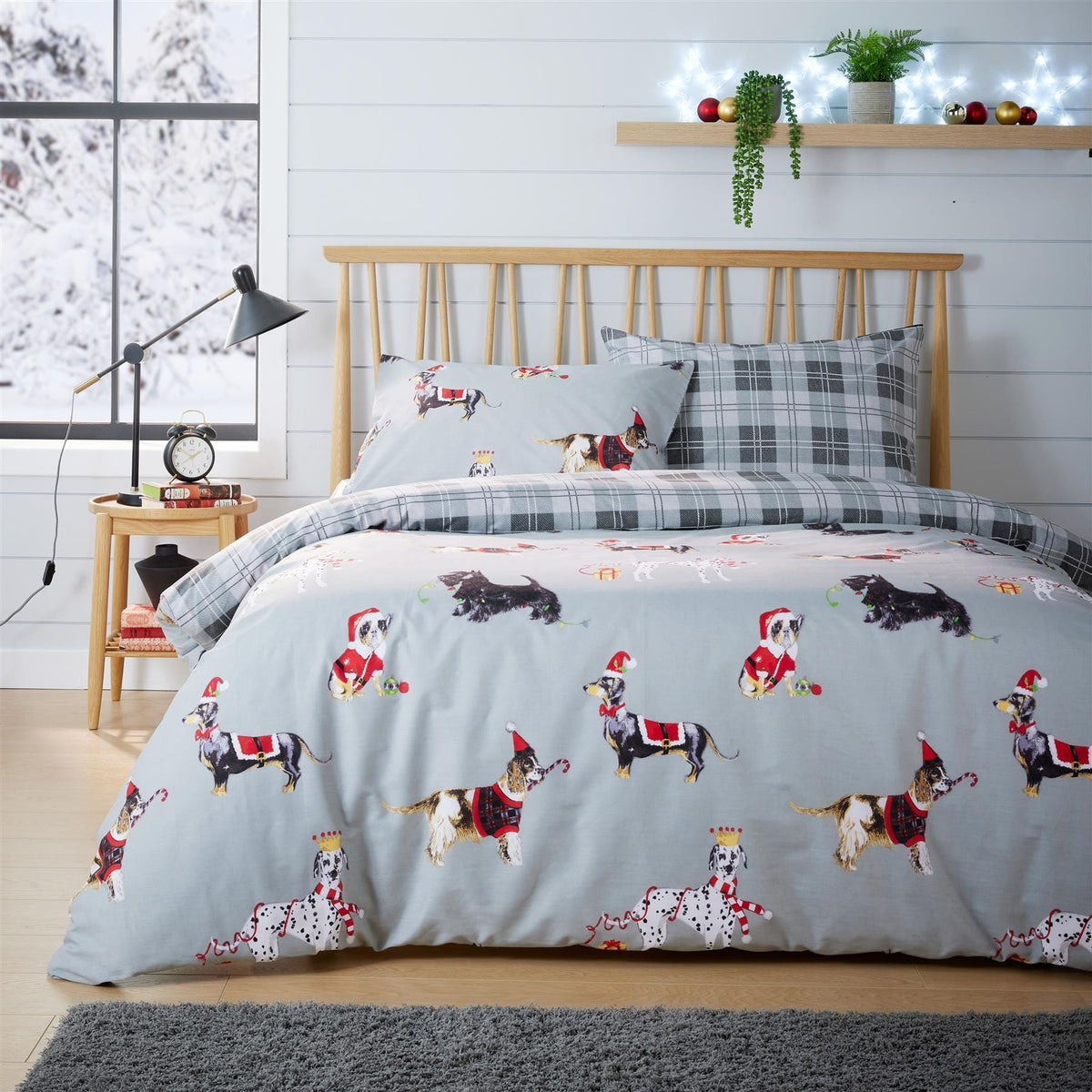 Reversible Christmas Dogs Pattern Duvet Cover Set Cotton Rich