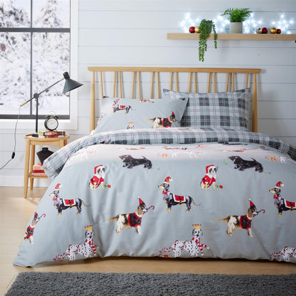 Reversible Christmas Dogs Pattern Duvet Cover Set Cotton Rich