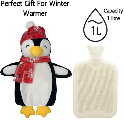 Festive Penguin Christmas Hot Water Bottle 1L Natural Rubber With Cover