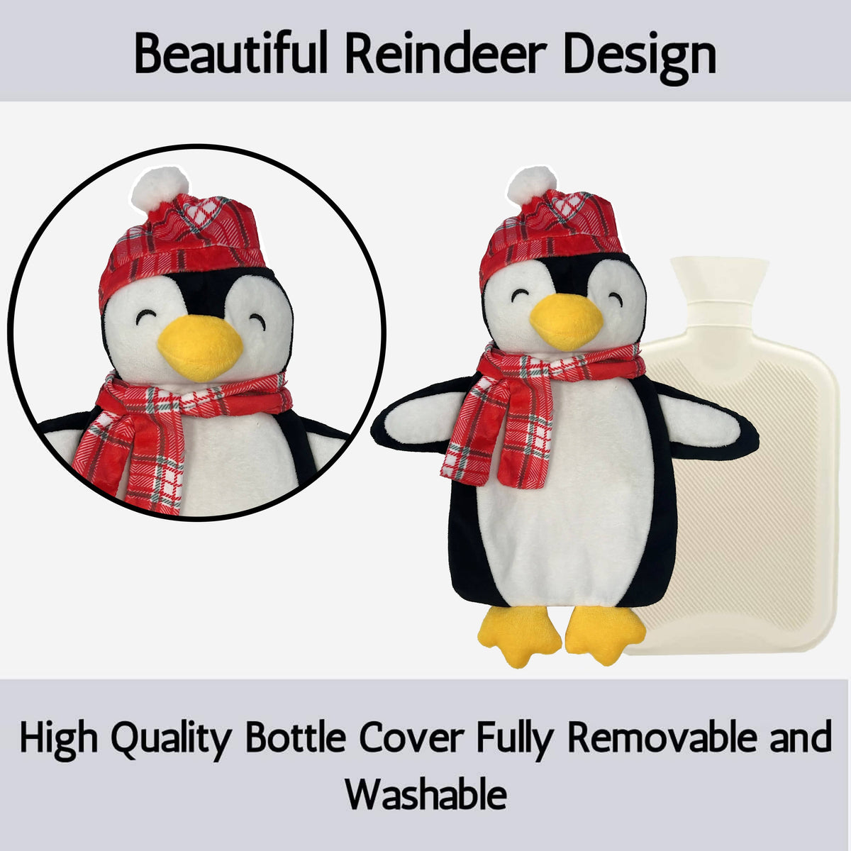 Festive Penguin Christmas Hot Water Bottle 1L Natural Rubber With Cover