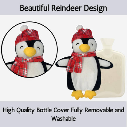 Festive Penguin Christmas Hot Water Bottle 1L Natural Rubber With Cover