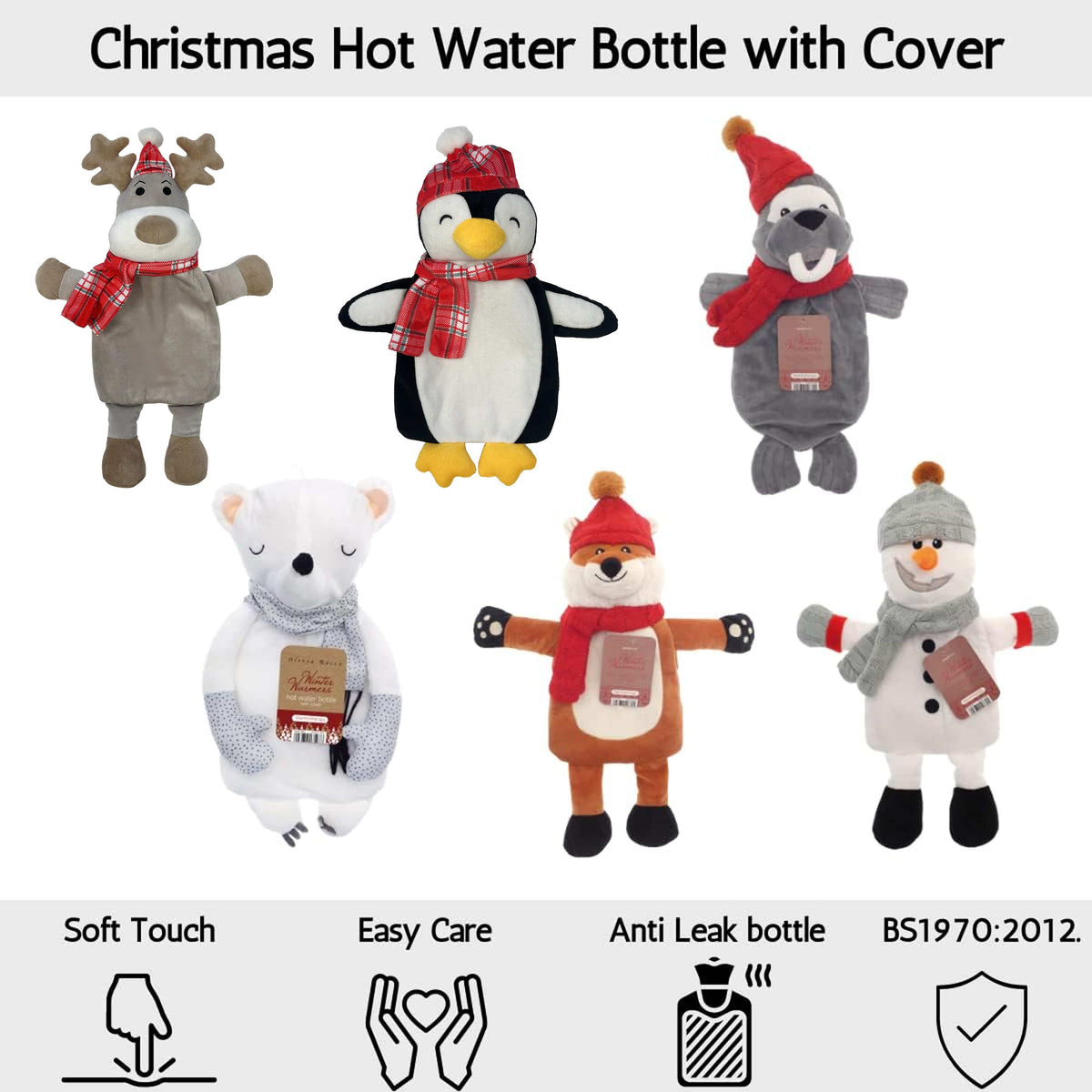 Festive Penguin Christmas Hot Water Bottle 1L Natural Rubber With Cover