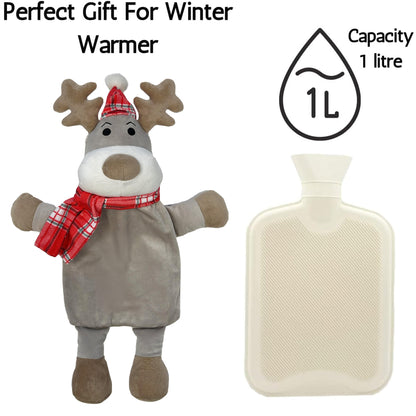 Hot Water Bottle With Festive Reindeer Cover 1L Natural Rubber