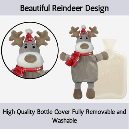 Hot Water Bottle With Festive Reindeer Cover 1L Natural Rubber