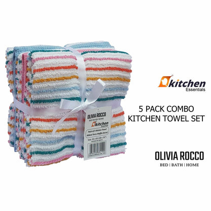 5 Pack Cotton Kitchen Tea Towels Striped Ribbed Waffle 45cm x 65cm
