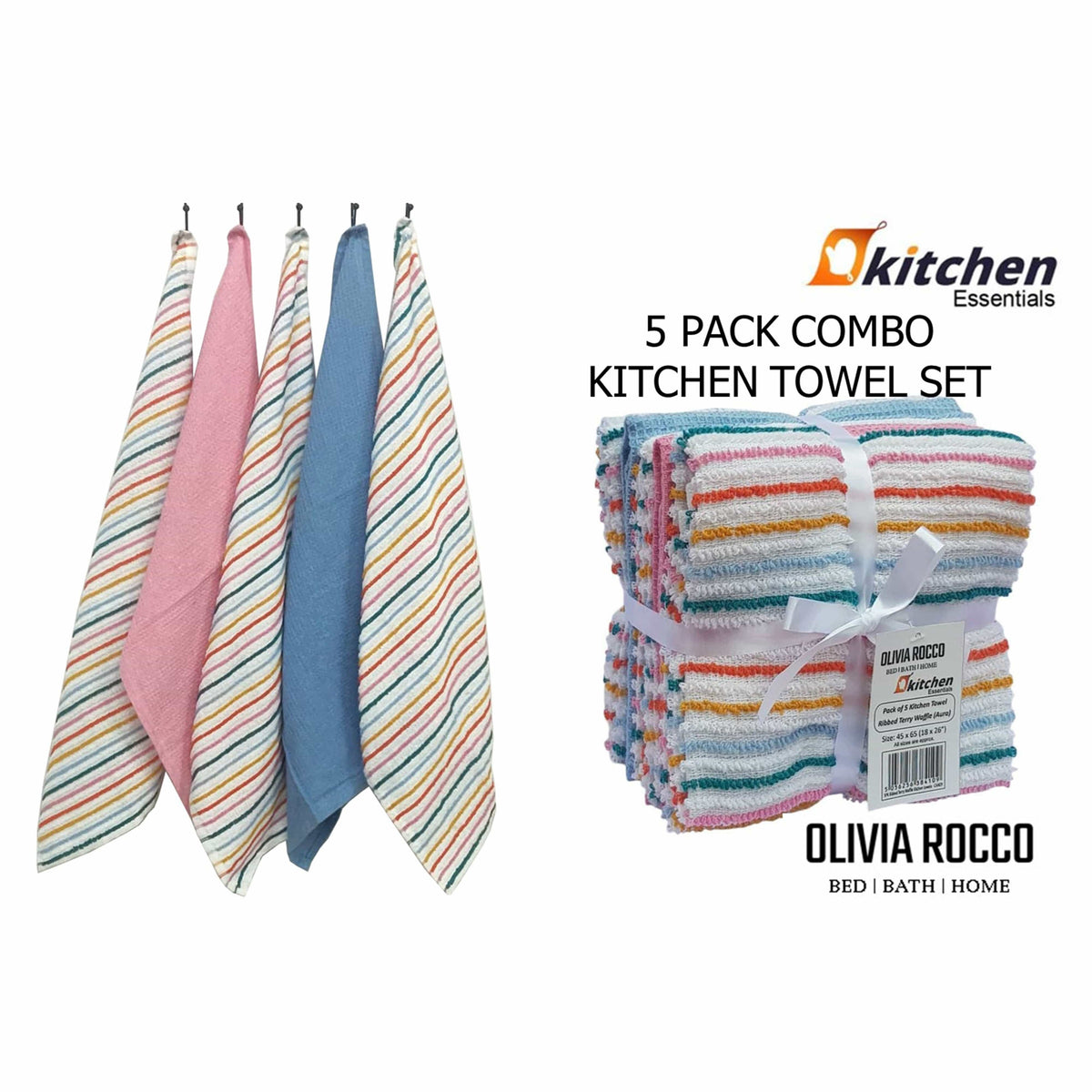 5 Pack Cotton Kitchen Tea Towels Striped Ribbed Waffle 45cm x 65cm