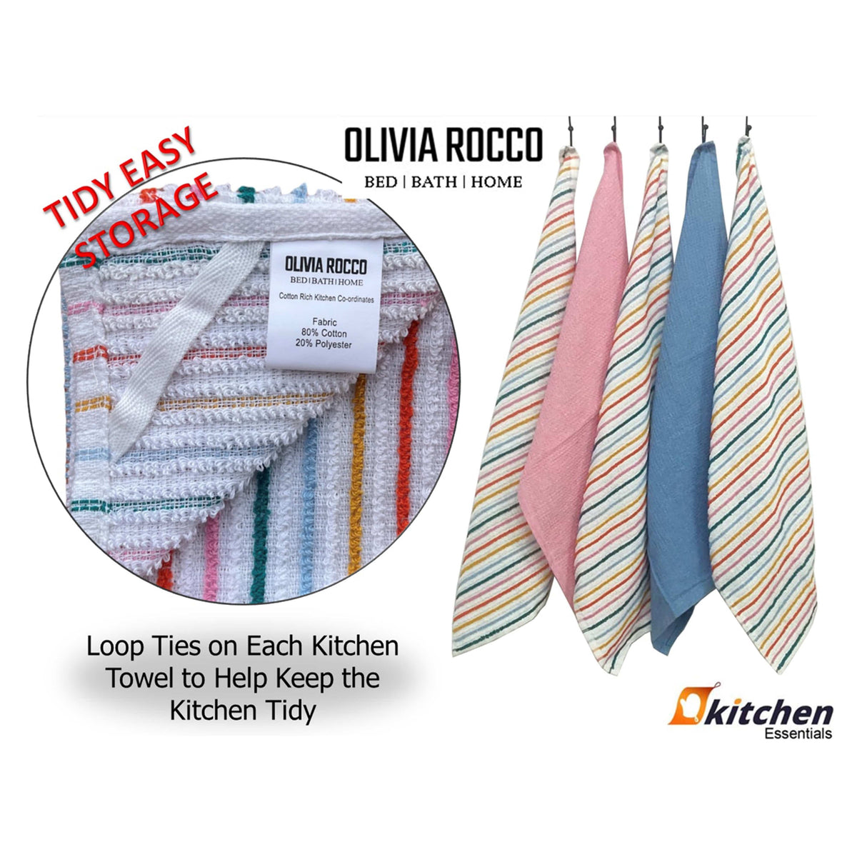 5 Pack Cotton Kitchen Tea Towels Striped Ribbed Waffle 45cm x 65cm