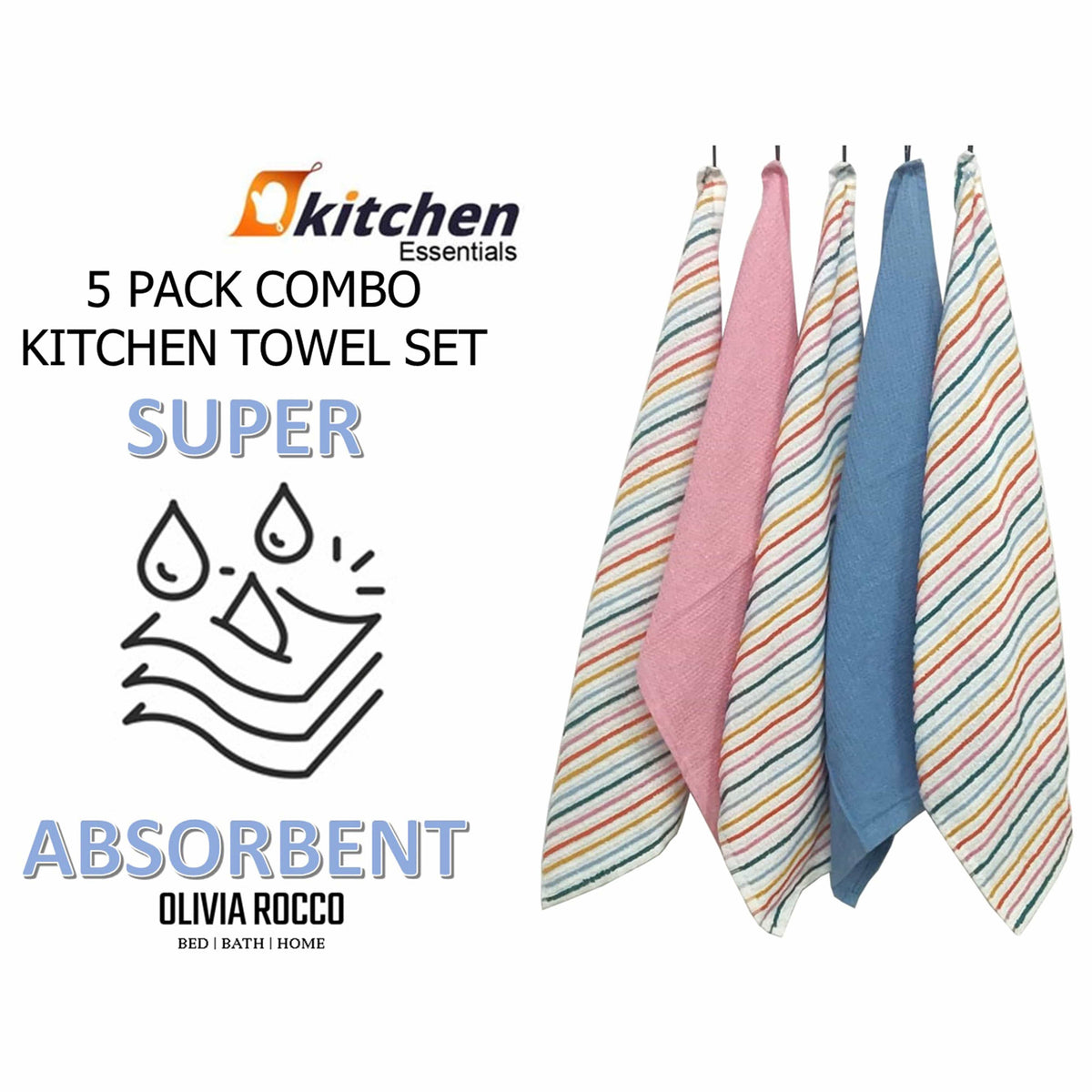 5 Pack Cotton Kitchen Tea Towels Striped Ribbed Waffle 45cm x 65cm