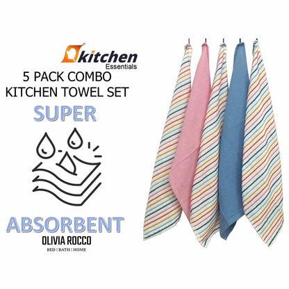 5 Pack Cotton Kitchen Tea Towels Striped Ribbed Waffle 45cm x 65cm