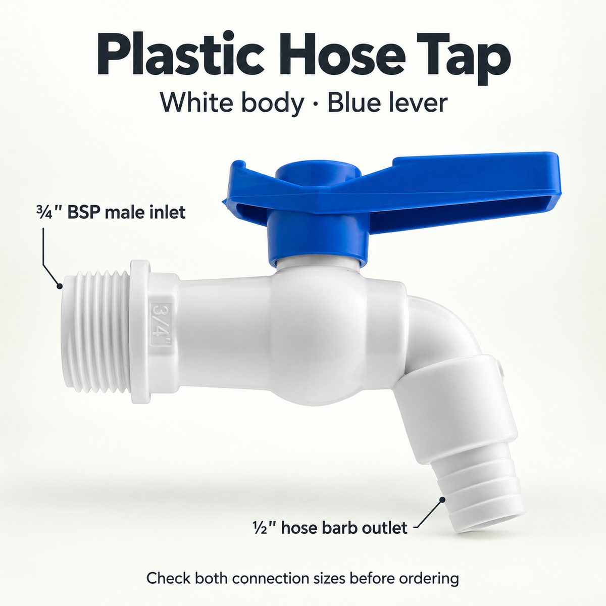 Connection guide identifying the tap's ¾-inch BSP male inlet and ½-inch hose barb outlet.