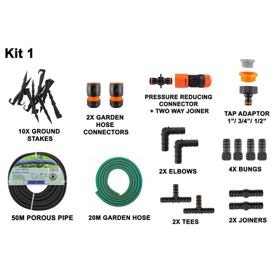 50m Soaker Hose Kit with 20m Connection Hose & Fittings; supplied components shown.