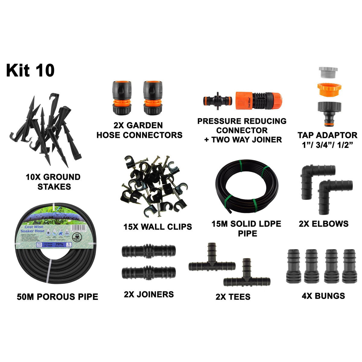 50m Soaker Hose Kit with 15m LDPE Pipe & Fittings; supplied components shown.