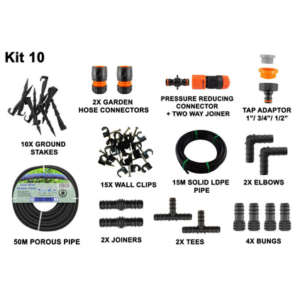 50m Soaker Hose Kit with 15m LDPE Pipe & Fittings; supplied components shown.