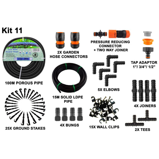 100m Soaker Hose Kit with 15m LDPE Pipe & Fittings; supplied components shown.