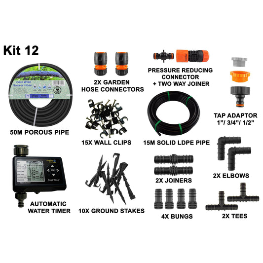 50m Soaker Hose Kit with Water Timer & 15m LDPE Pipe; supplied components shown.