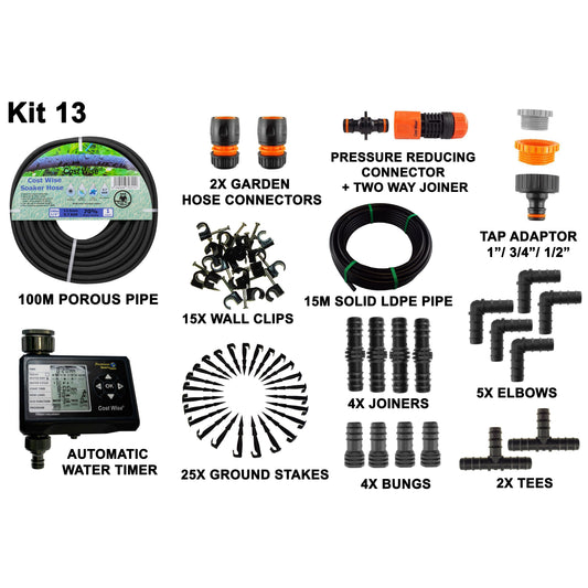 100m Soaker Hose Kit with Water Timer & 15m LDPE Pipe; supplied components shown.