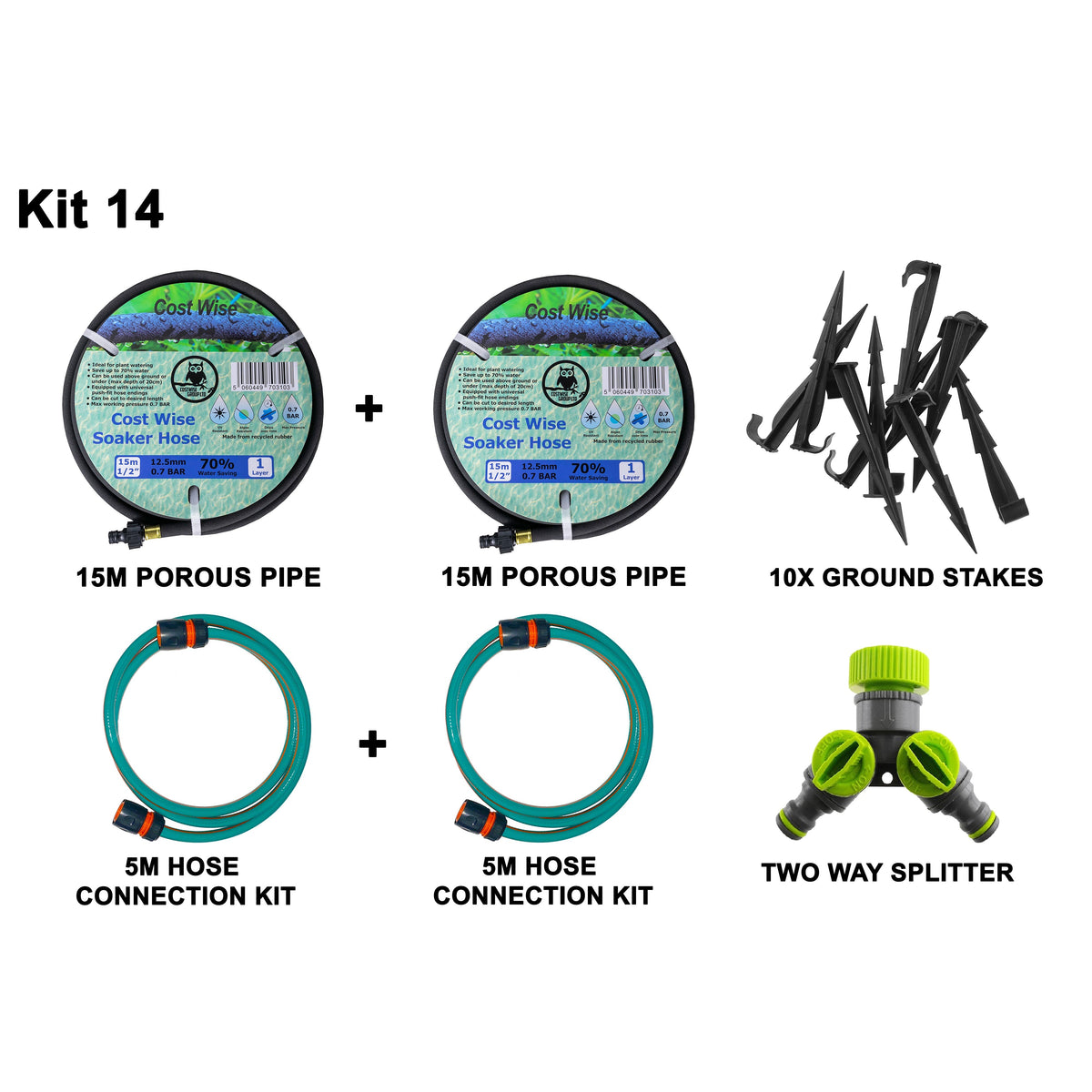 2 × 15m Soaker Hose Kit with Tap Splitter & Connection Hose; supplied components shown.