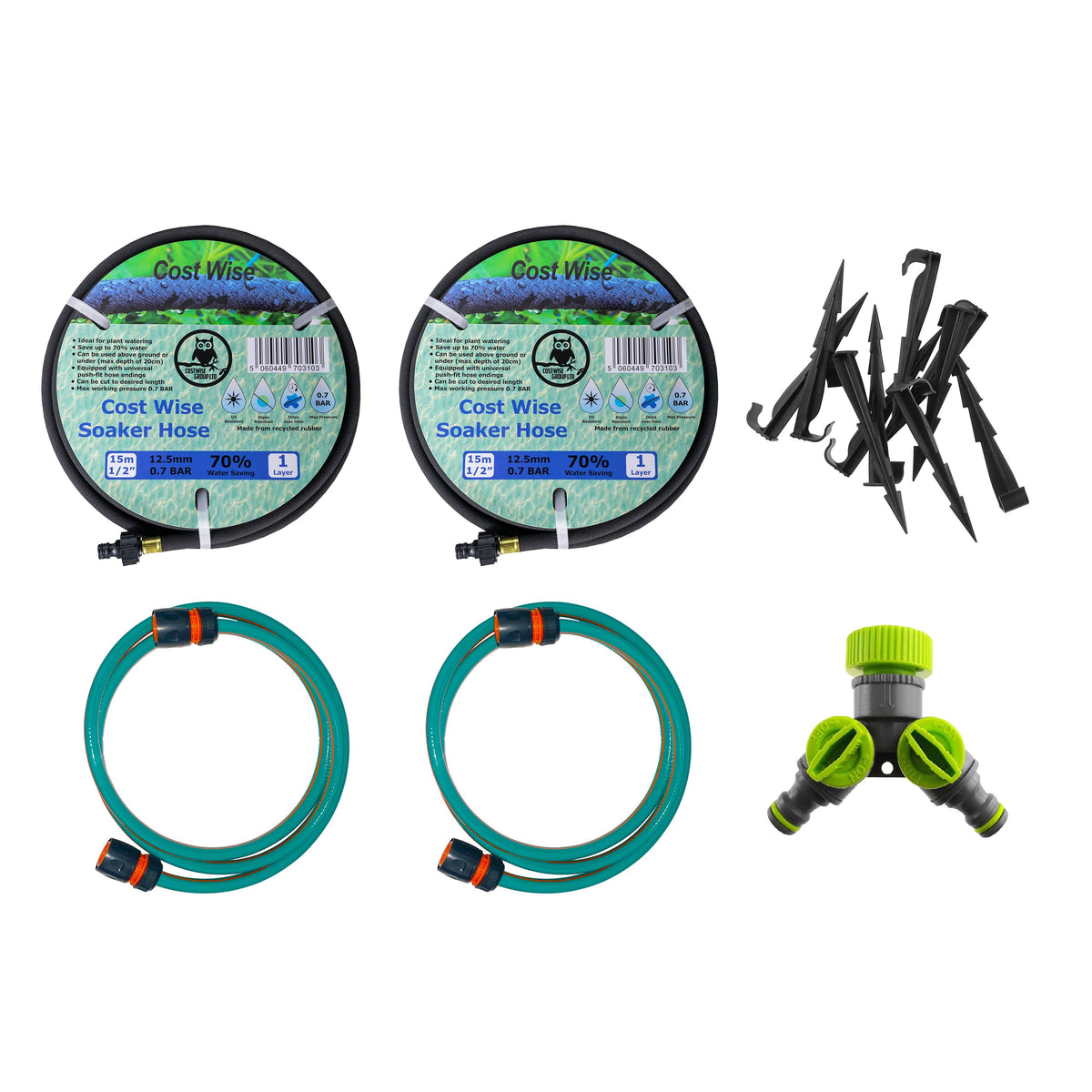 2 × 15m Soaker Hose Kit with Tap Splitter & Connection Hose