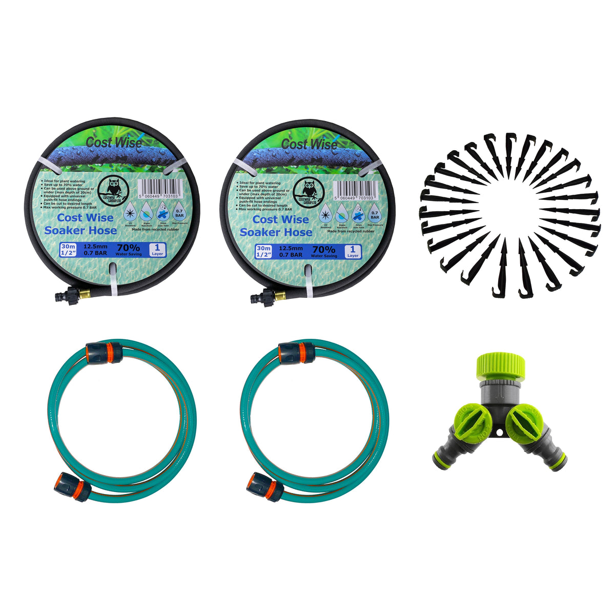 2 × 30m Soaker Hose Kit with Tap Splitter & Connection Hose