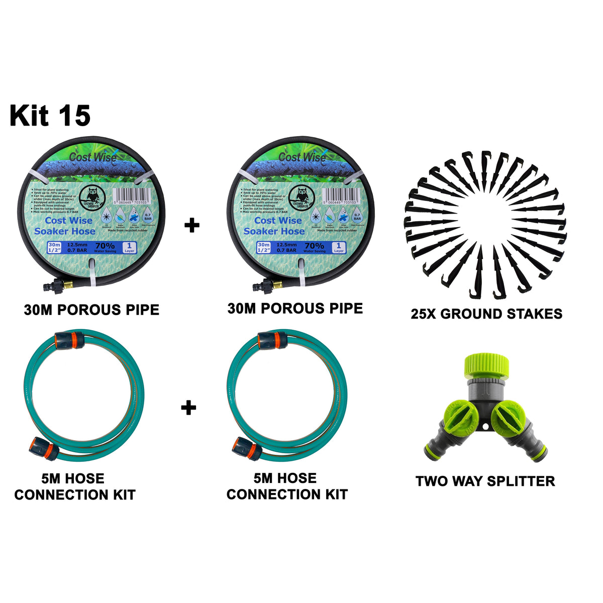 2 × 30m Soaker Hose Kit with Tap Splitter & Connection Hose; supplied components shown.
