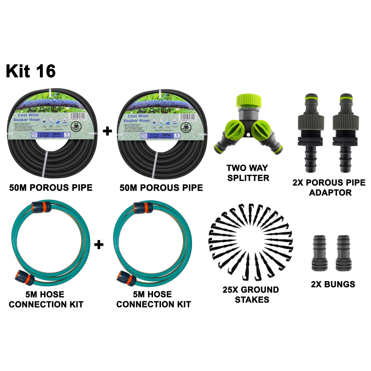 2 × 50m Soaker Hose Kit with Tap Splitter & Connection Hose; supplied components shown.