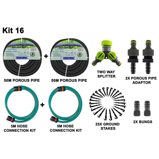 2 × 50m Soaker Hose Kit with Tap Splitter & Connection Hose; supplied components shown.