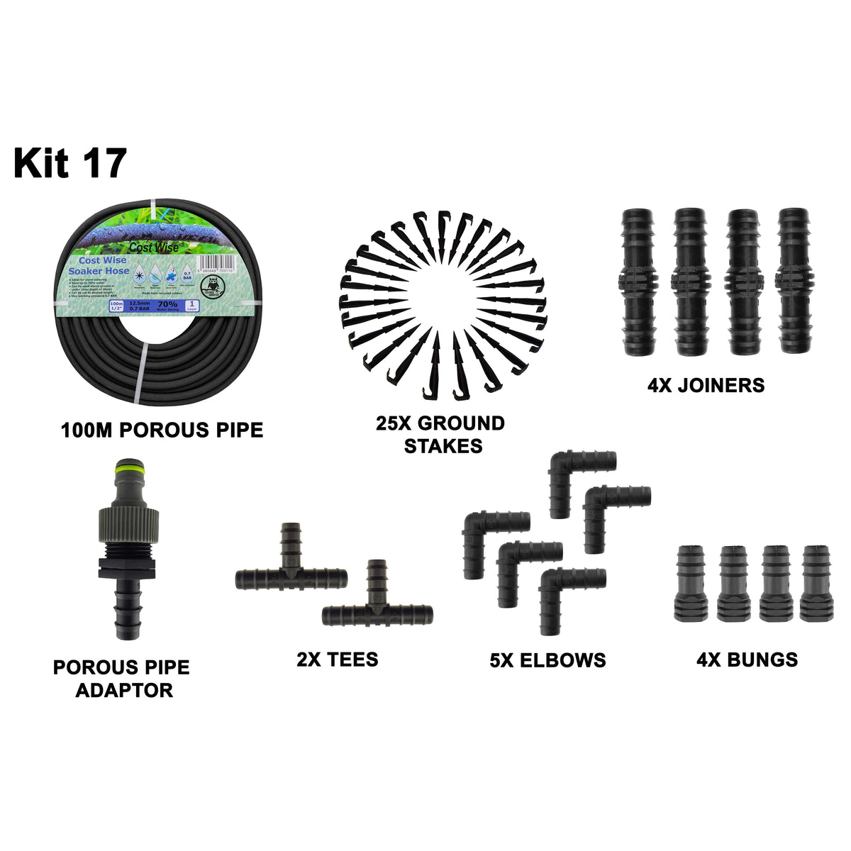100m Soaker Hose Kit with 15 Fittings & Ground Stakes; supplied components shown.