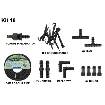 50m Soaker Hose Kit with 10 Fittings & Ground Stakes; supplied components shown.