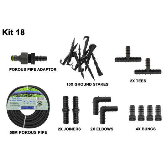 50m Soaker Hose Kit with 10 Fittings & Ground Stakes; supplied components shown.