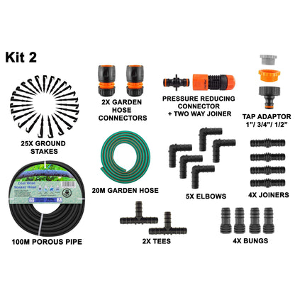 Porous Soaker Hose Kit – 100m Pipe, 20m Supply Hose & Fittings; product design shown.