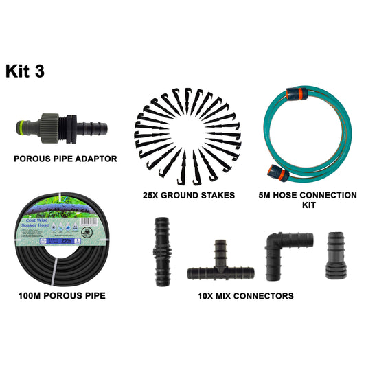 100m Soaker Hose Kit with 5m Connection Hose & Fittings; supplied components shown.