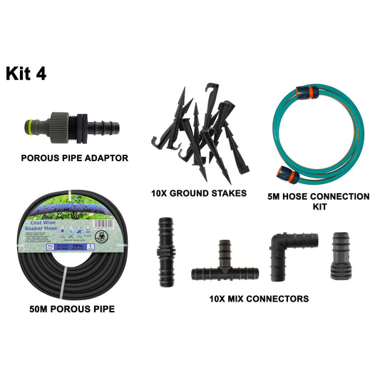 50m Soaker Hose Kit with 5m Connection Hose & Fittings; supplied components shown.