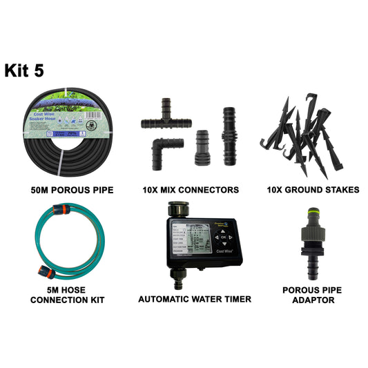 50m Soaker Hose Kit with Timer, 5m Hose & Fittings; supplied components shown.